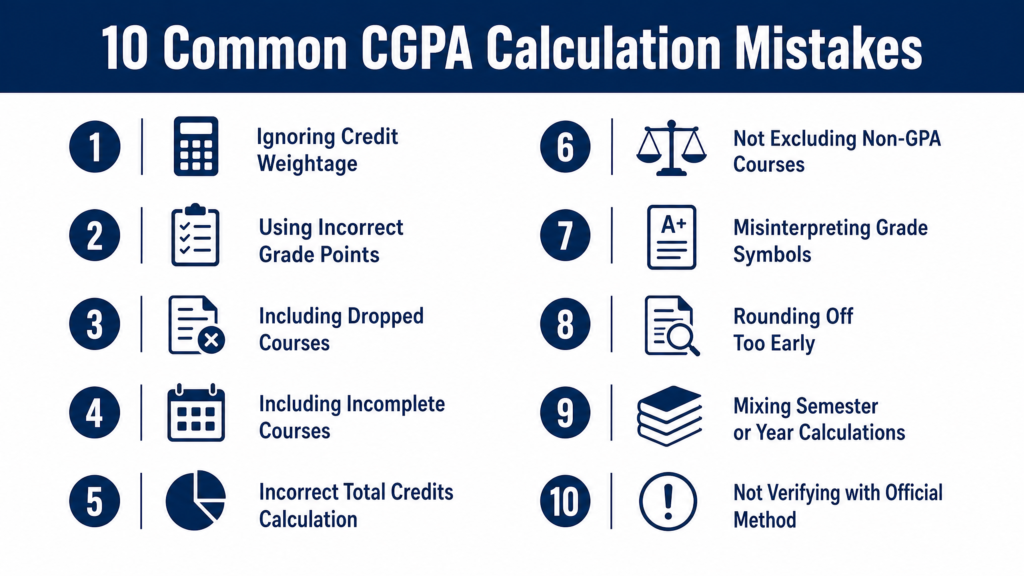 Educational poster showing the correct CGPA formula: CGPA equals the Sum of (Grade Point multiplied by Credit Hours) divided by Total Credit Hours, with four step-by-step instructions below including multiply, add, divide, and final result