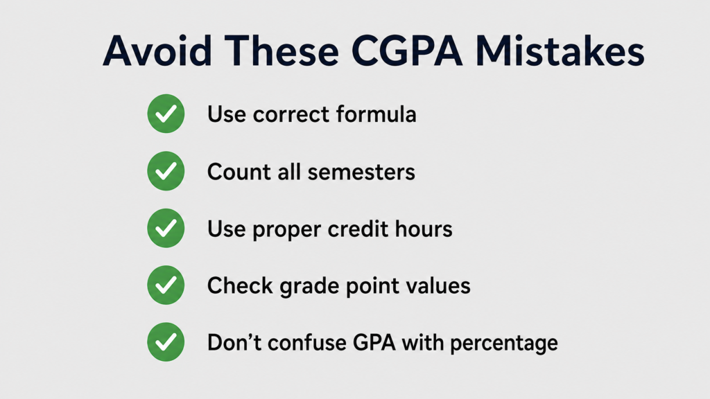 Simple thumbnail with dark blue background displaying bold white text reading '10 CGPA Calculation Mistakes Students Make' with a calculator icon on the left and a warning triangle icon on the right."
