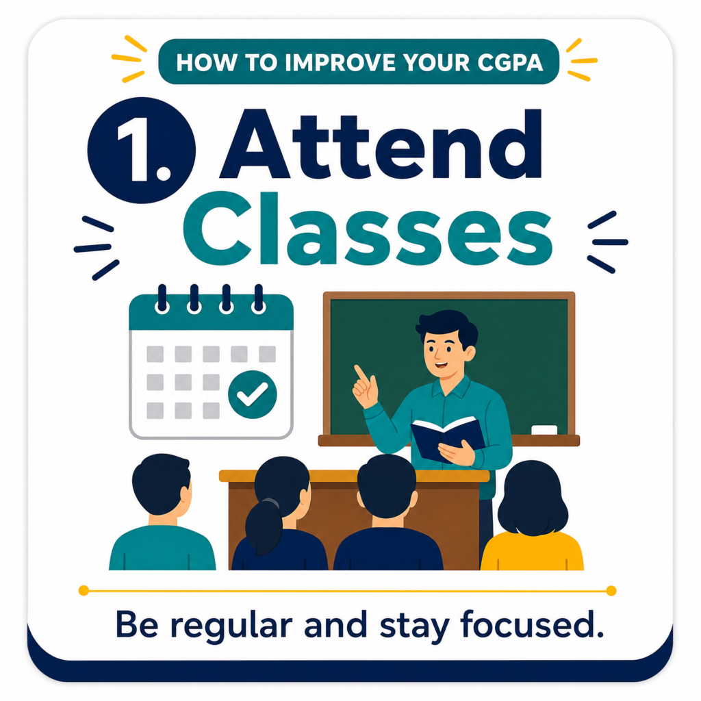 Image 1 — Attend Classes HOW TO IMPROVE YOUR CGPA 1. Attend Classes Be regular and stay focused.