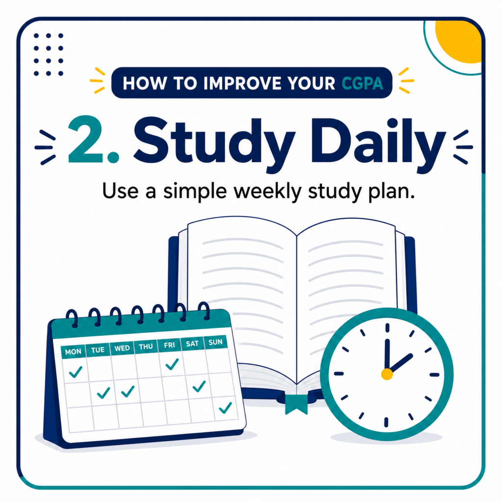 Image 2 — Study Daily HOW TO IMPROVE YOUR CGPA 2. Study Daily Use a simple weekly study plan