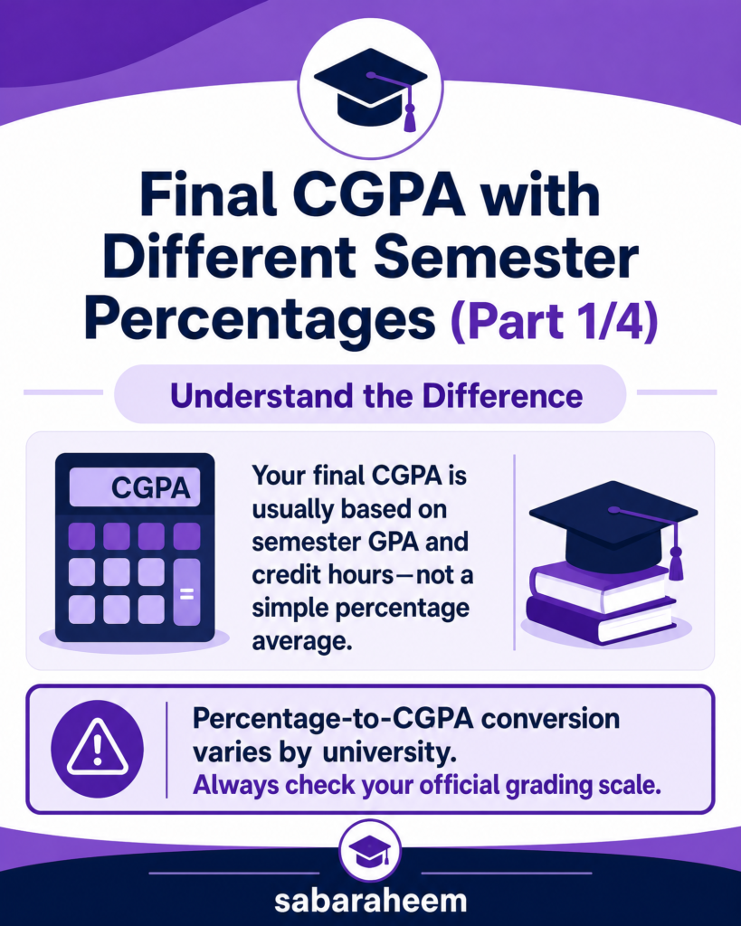 Purple infographic showing how to calculate CGPA when credit hours differ, using semester GPA multiplied by credit hours and a weighted final CGPA of 7.22. Footer reads “sabaraheem”.