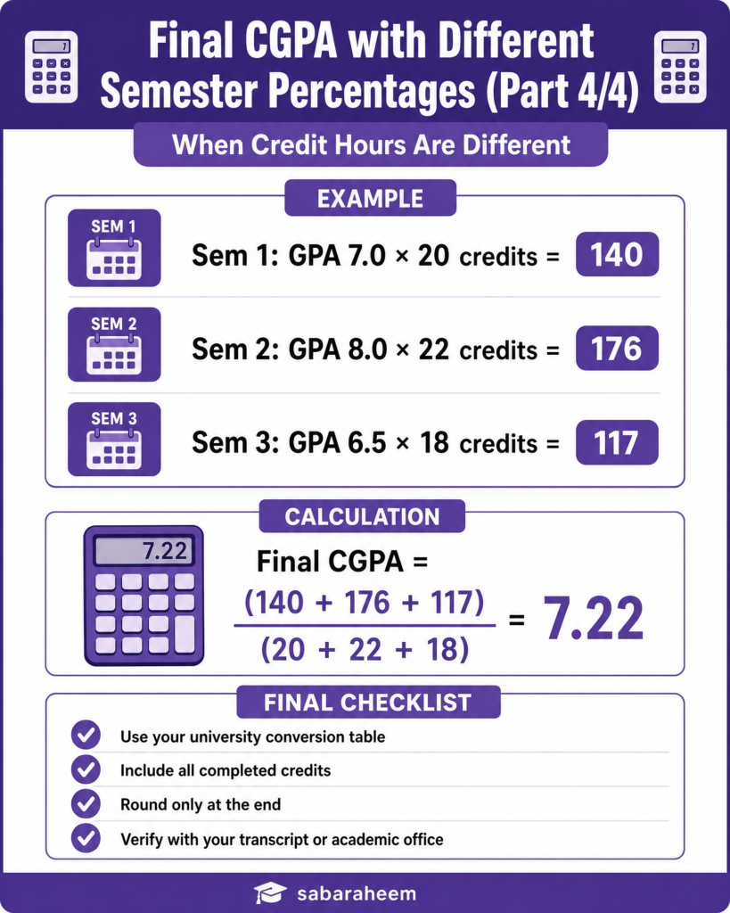 Purple infographic explaining that final CGPA depends on semester GPA and credit hours, not simply on averaging semester percentages. It also notes that conversion rules vary by university.