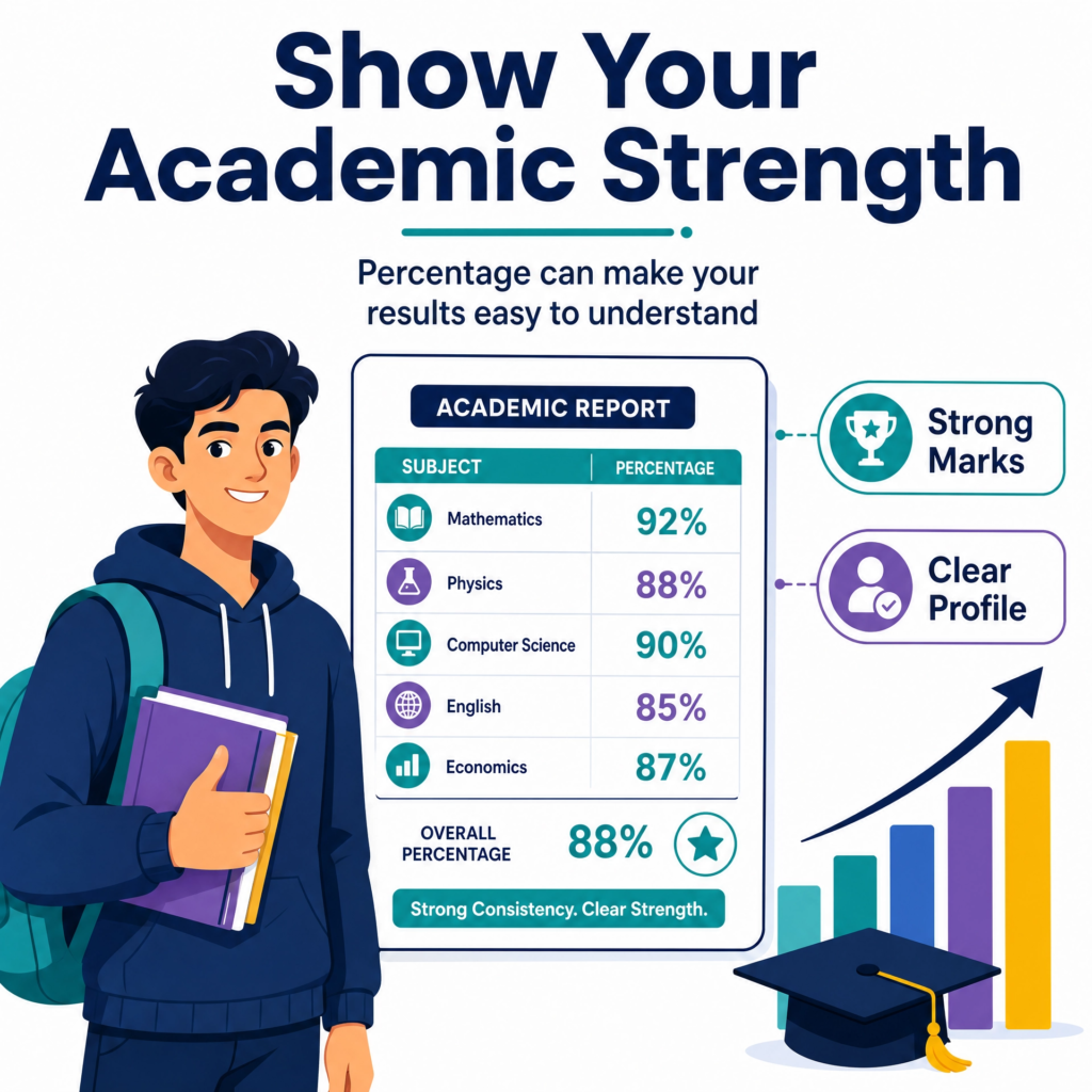 A student holds an academic transcript showing percentage marks, with arrows leading to a university application folder and a CGPA conversion label. The image explains that many universities review marks in different formats.